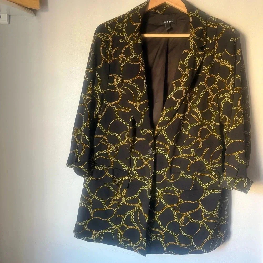 Torrid Black Gold Chain Print Classic Blazer Size 1